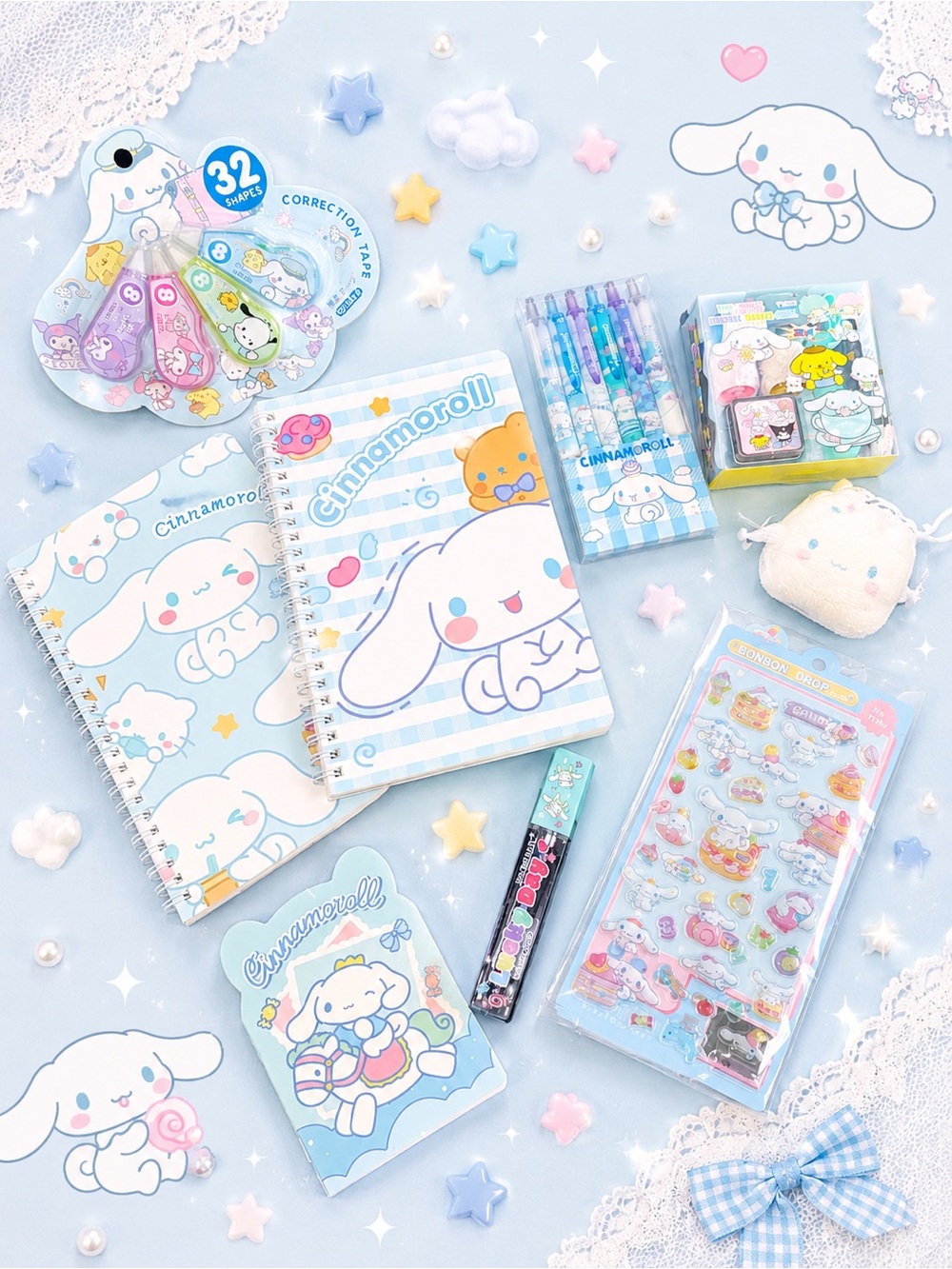 Sanrio Cinnamoroll Stationary Bundle notepads pens correction tape stamp set